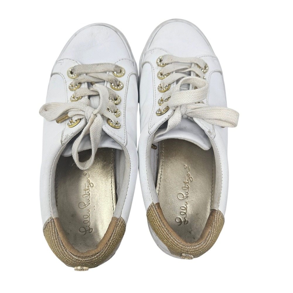 Lilly Pulitzer White Leather Gold Rhinestone Eyelet Low Top Sneakers Womens Sz 7 - Picture 5 of 11